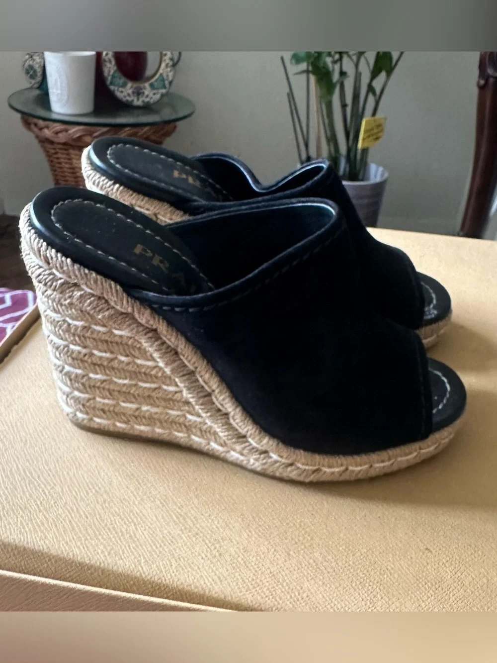 Prada Black Suede Espadrille Wedge Mules